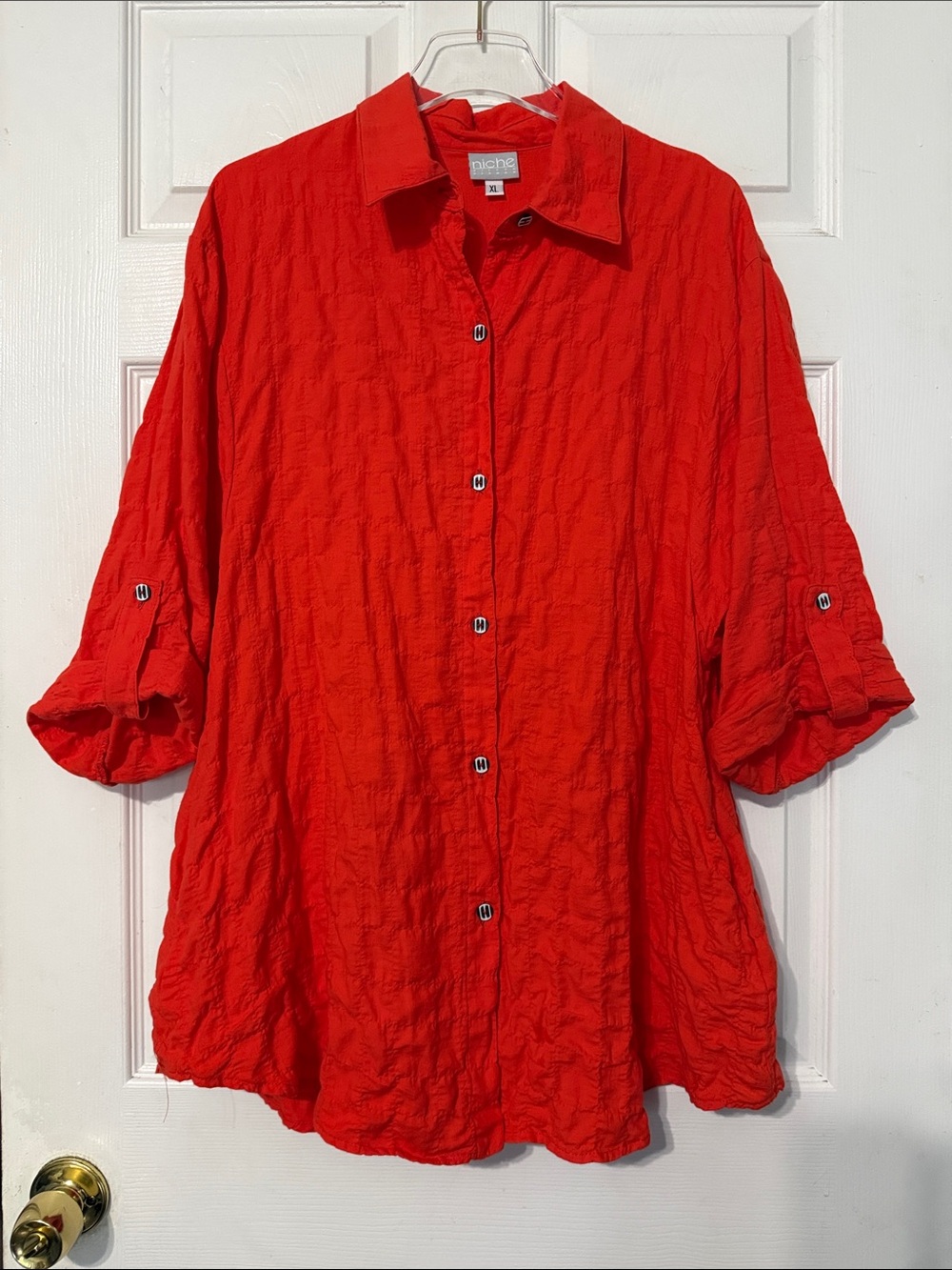 Niche by Nilgun Derman Orange Textured Roll-Tab Tunic Button-Down Shirt Size XL